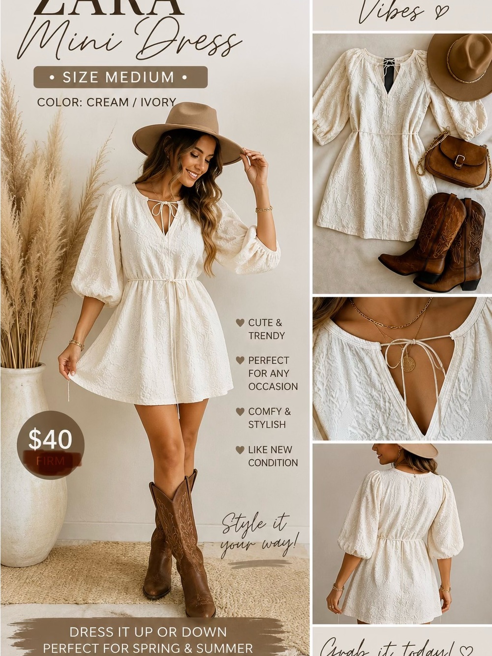 ZARA Cream Textured Mini Dress with Puff Sleeves - Picture 2 of 5